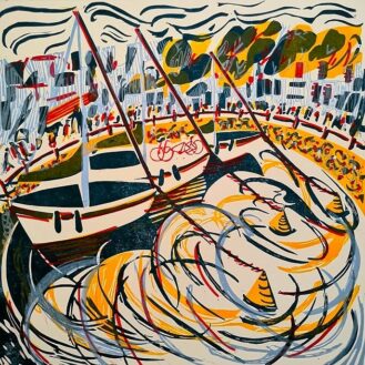A colourful harbourside linocut print by Lisa Takahashi showing boats tied up to the harbour