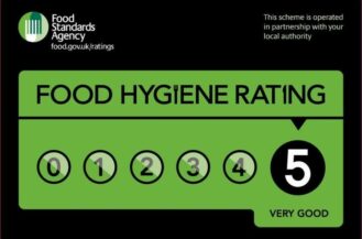 Food hygiene rating graphic which shows level 5 meaning very good.