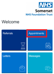 This image is a screenshot of a mobile phone displaying a WEB based application interface, from the NHS Somerset Foundation Trust. Dominated by a combination of blue and white colours, the interface contains several text elements, including "Welcome", "Referrals", "Appointments", "Letters", and "Messages". The layout suggests a well-structured and organized design, making it user-friendly for easy navigation. The text appears in a clear, readable font, and the background alternates between blue and white, creating a pleasant contrast. The text within the interface appears to be of a standard, and is presented in a clean, simple font likely Arial or Calibri. The image overall gives the impression of a professional healthcare application, designed with user experience in mind. Additional Captions: A blue rectangular object with white text. A screenshot of a blue and white box. A blue card with white text. A blue rectangle with white text. A blue and white square with a red line and a white text. A blue and red card with white text. A blue and white rectangular box. 